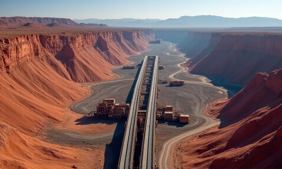 Vista aérea de una larga cinta transportadora minera