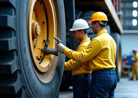 Técnicos especializados reparando maquinaria pesada