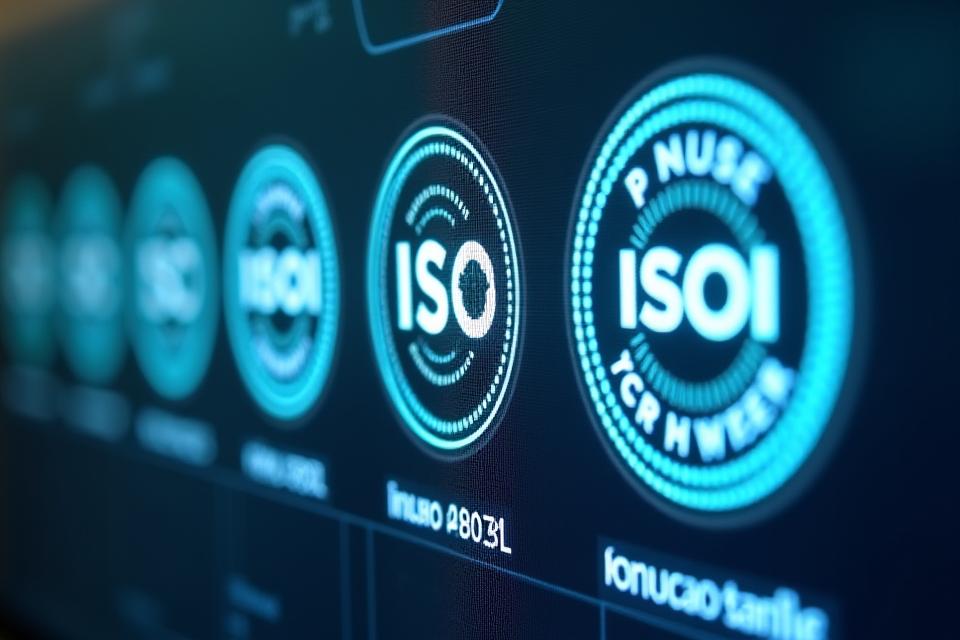 Varias certificaciones de norma ISO apiladas o en una fila, dando una imagen de credibilidad y cumplimiento.