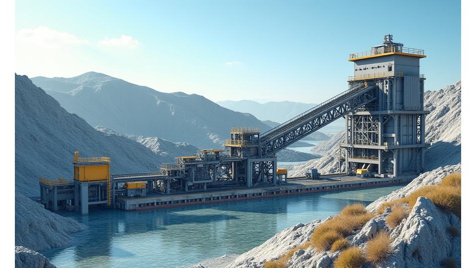 Imagen de un molino de bolas de minería en un entorno limpio y moderno, con paneles solares al fondo representando la eficiencia energética.