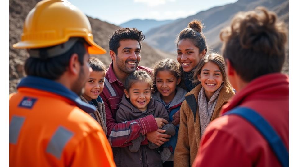Mineros chilenos sonriendo, interactuando con la comunidad local, mostrando el impacto positivo de la minería en las personas.